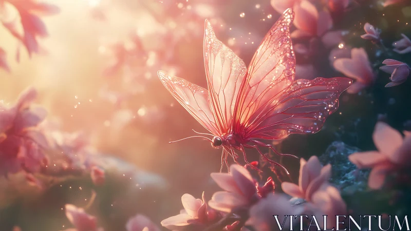 Pink translucent butterfly among softly lit blossoms.