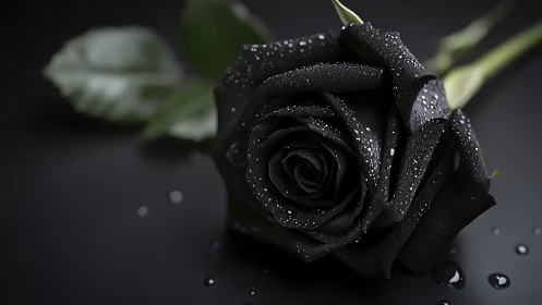 Macro study of dew-covered black rose under controlled low-key lighting