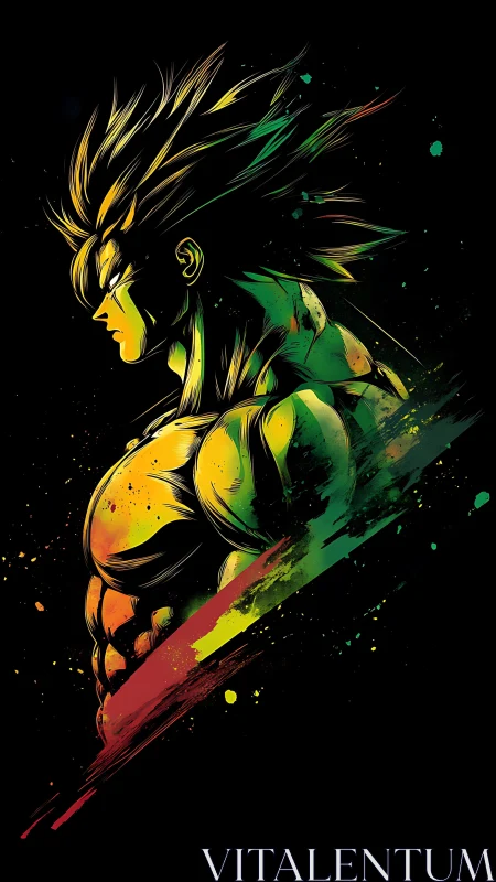 Muscular anime warrior glows with neon streaked power