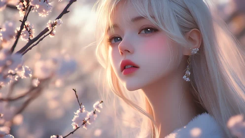 Soft spring light around a dreamy girl among blossoms.
