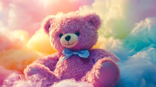 Chromatic plush teddy on iridescent cloudscape background.