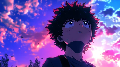 Sky-drenched dreamer freezes beneath a blazing neon dusk