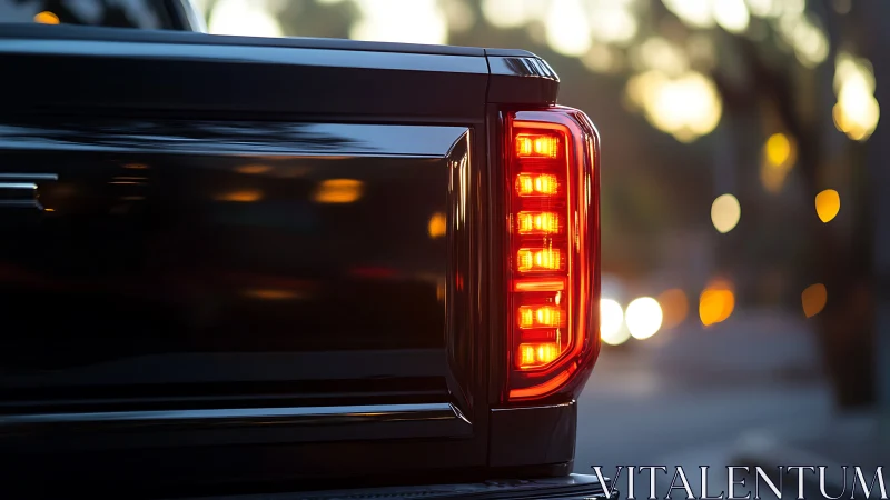 Truck rear tail light assembly is illuminated at dusk