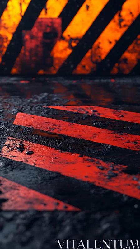 Industrial hazard stripes glow over wet textured floor.