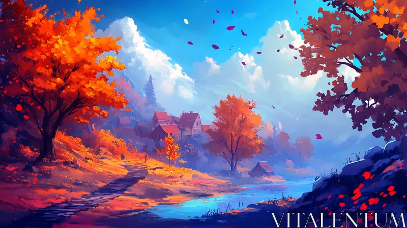 Autumn river landscape with village houses and distant clouds.