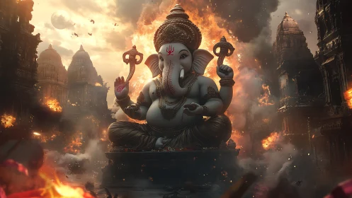 Ganesha deity amid burning temples and stormed sky.