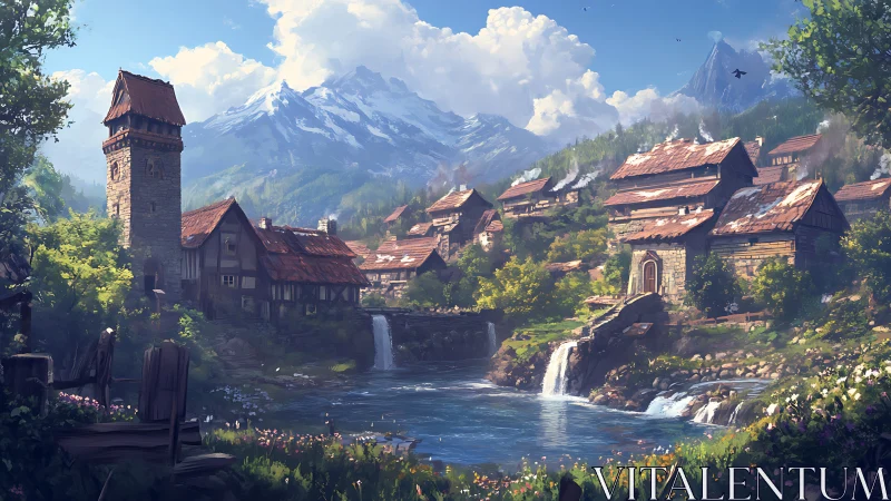 Hydraulic alpine village landscape with cascading stream system.