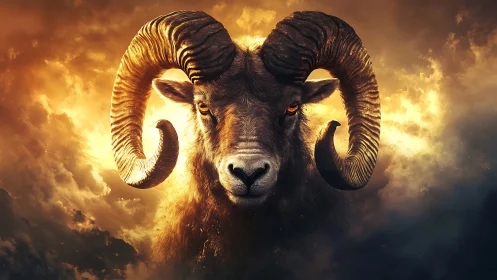 Mythic ram emerges from blazing storm clouds at dusk