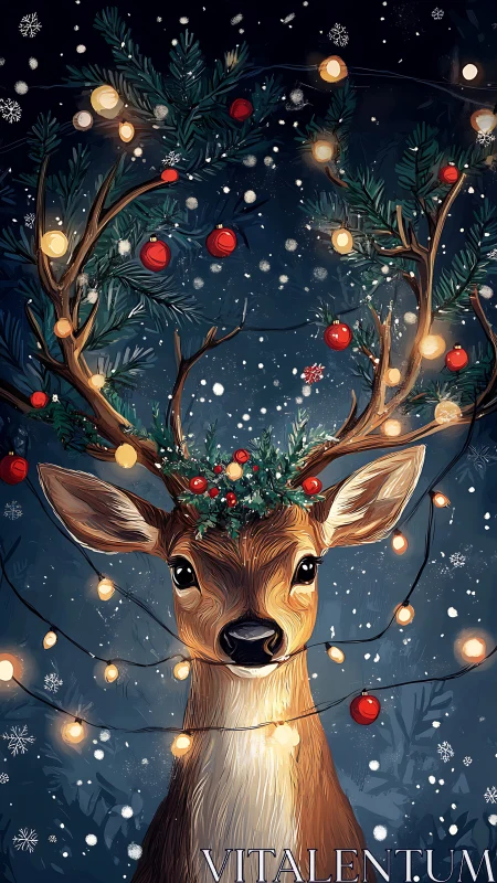 Whimsical reindeer portrait with glowing festive antlers.