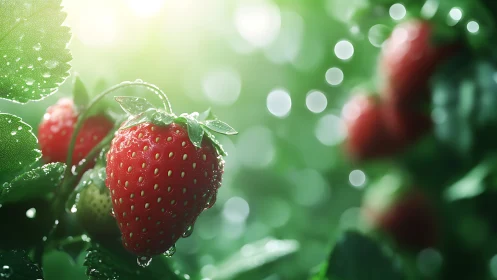Macro close-up of dewy ripe strawberry in backlit garden field