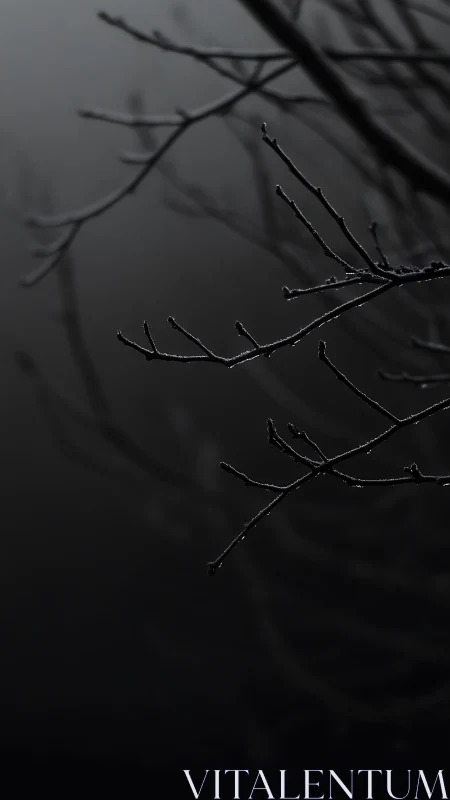 Stark winter branches emerge from monochrome atmospheric haze
