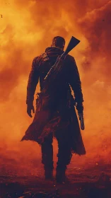 Armed figure walks through dense orange smoke and fire