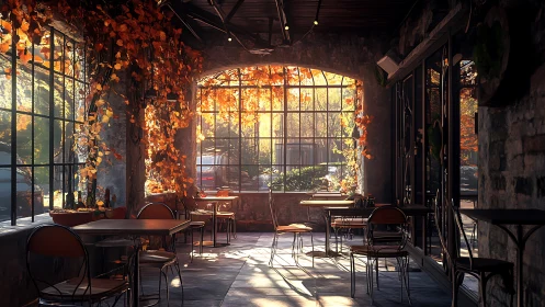 Sunlit rustic café interior with autumn vines and windows.
