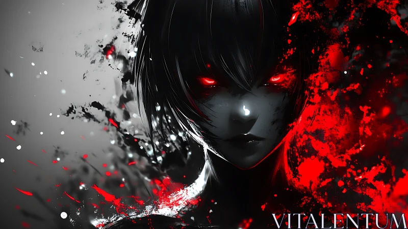 Crimson-eyed shadow warrior emerging from swirling chaos.