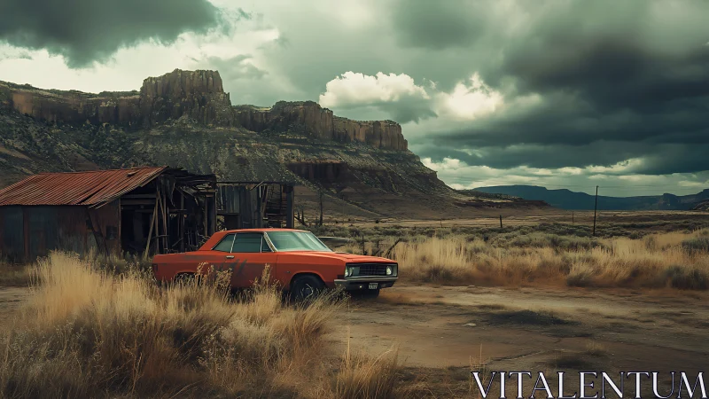 Rusty desert hideaway with a lone vintage orange car.