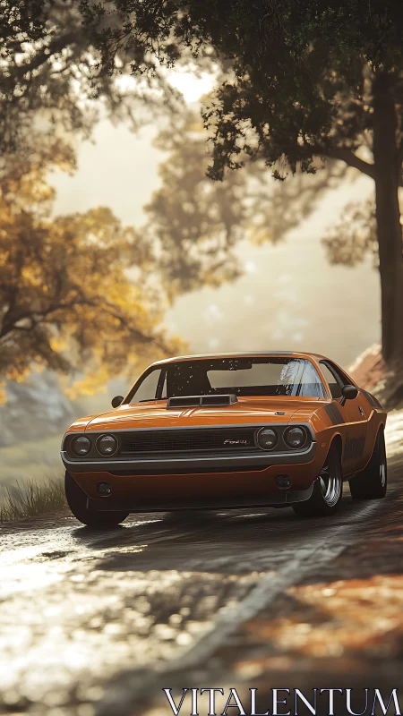 Sunlit muscle car prowls a glistening forest backroad