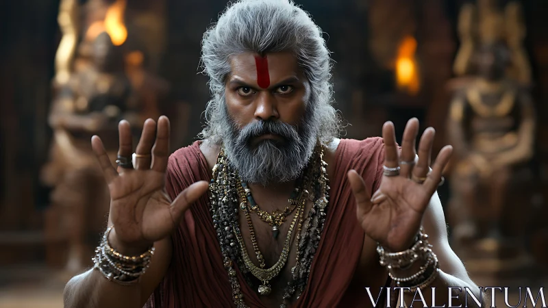 Intense ascetic mystic in temple interior, hands raised forward.