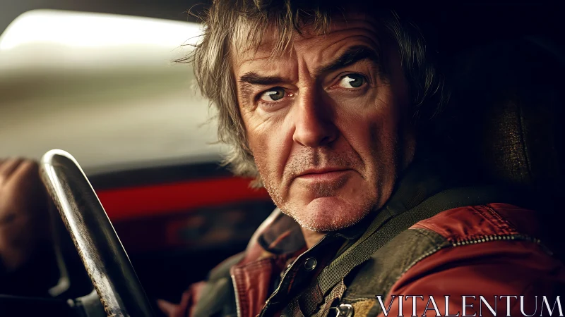 Weathered driver studies the road with flinty suspicion