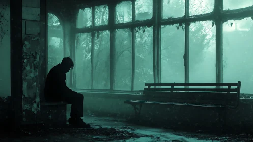 Solitary figure in derelict interior by misted windows.