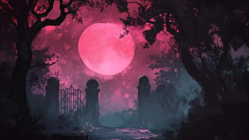 Blood-red supermoon illuminates misty Gothic graveyard gate