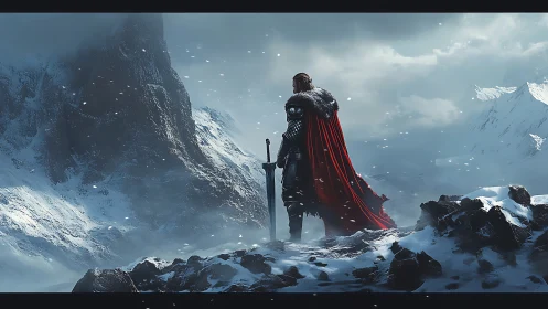 Armored warrior surveys glacial mountain range in cinematic view