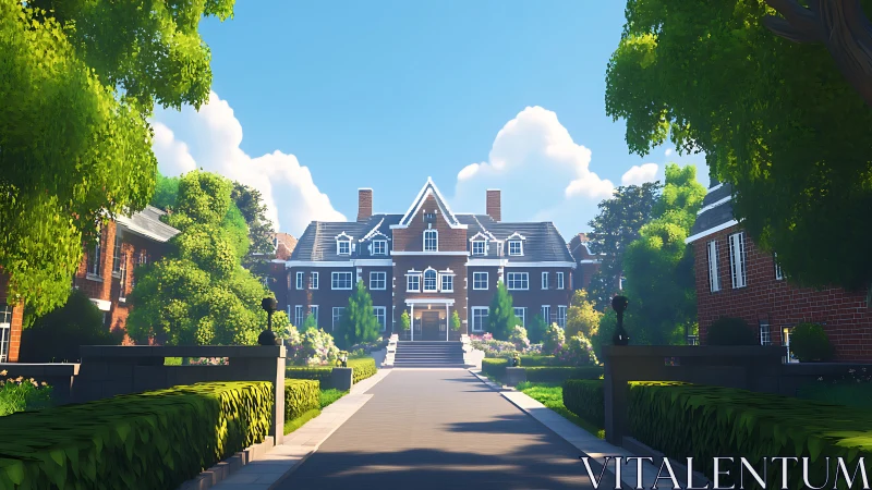 Sunlit brick manor welcomes visitors along a leafy drive