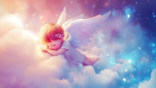 Sleeping baby angel resting on glowing pastel clouds.