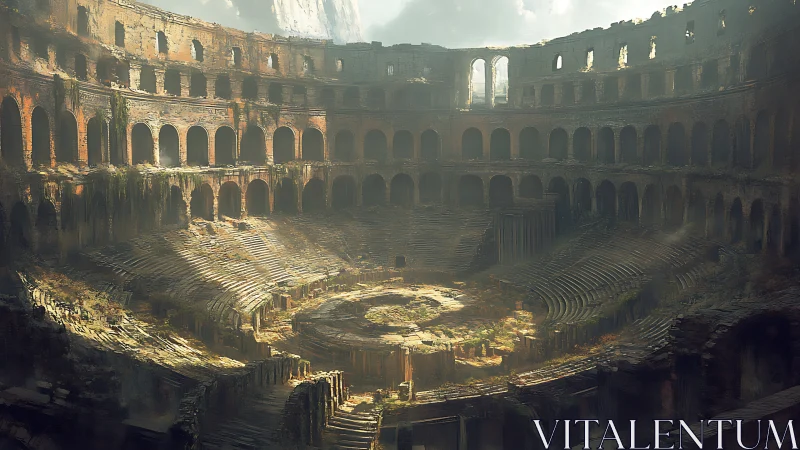 Sunlit ruins reveal a vast, overgrown stone coliseum.