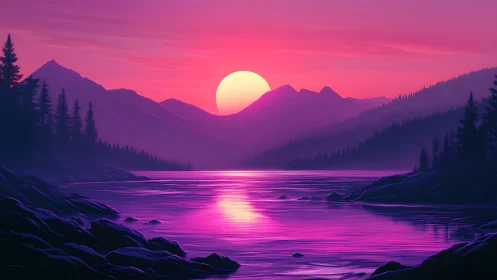 Vibrant magenta sunset over tranquil mountain river