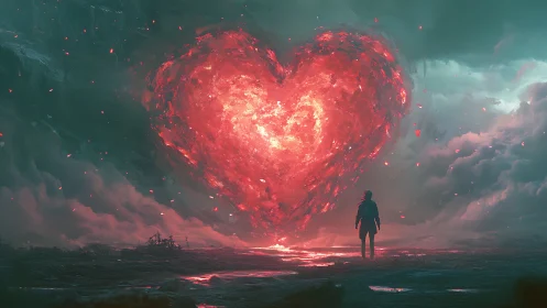 Solitary Figure Witnesses Massive Flaming Heart in Apocalyptic Sky