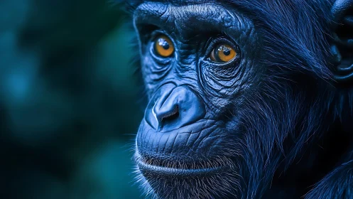 High-contrast macro portrait of contemplative blue primate