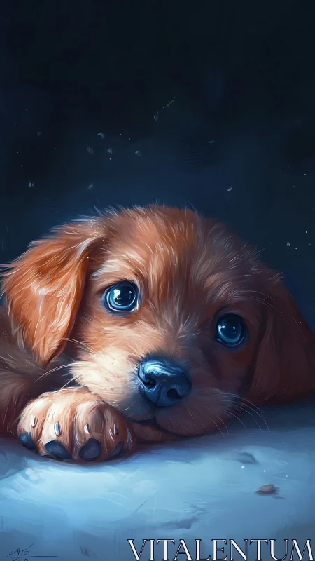 Golden puppy portrait with luminous eyes in cool light.