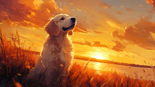 Golden retriever watches a radiant lakeside sunset in peace