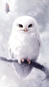 Snow-soft owl waits in winter hush with luminous curious eyes.