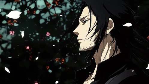 Side-profile anime swordsman amid dark bokeh foliage study.