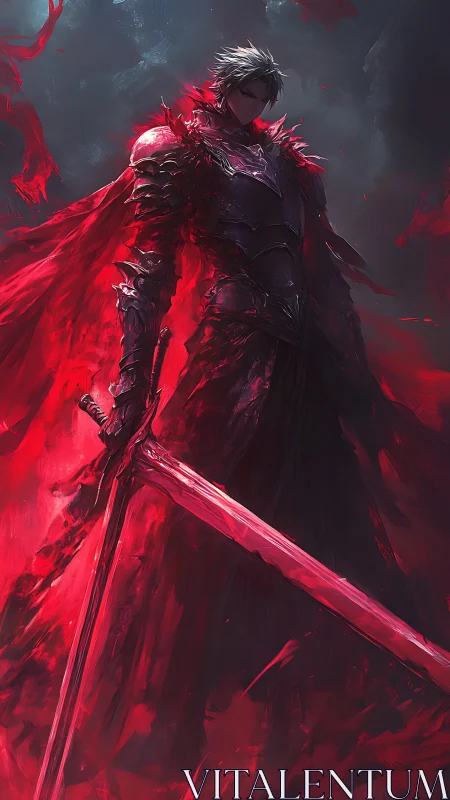 Crimson warlord in spiked armor wielding blazing greatsword.