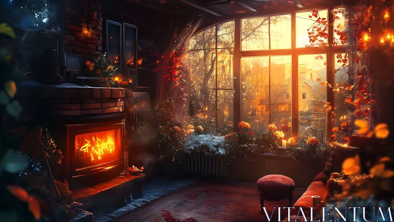 Illuminated Interior with Fireplace and Autumn Foliage