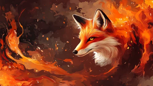 Fiery fox head emerging from swirling orange flames.
