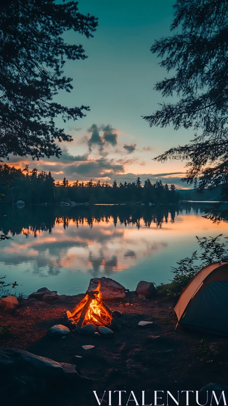 Lakeside Campfire at Dusk with Tent.