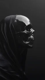 Glossy black skull sculpture emerges from dark shrouded cloak