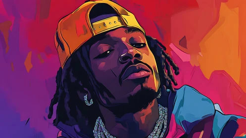 Vibrant vector portrait of a streetwear musician in neon hues