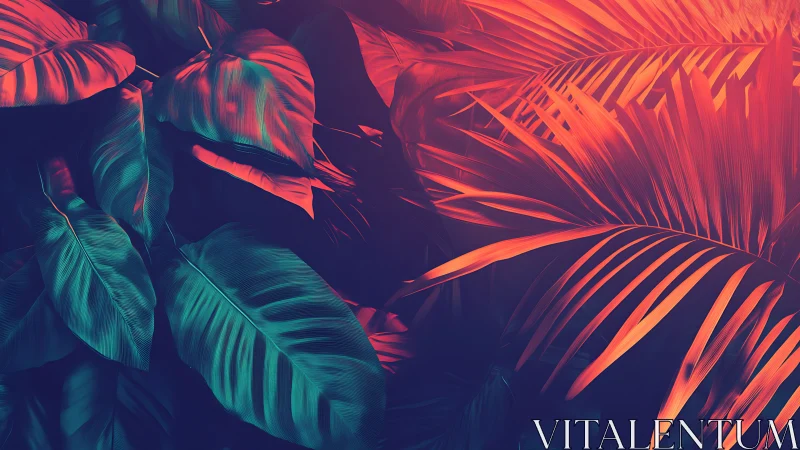 Neon tropical leaves contrast teal shadows with vivid orange light