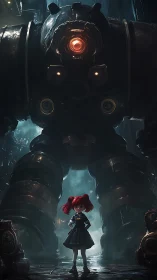 Small girl stands before large armored mech in corridor