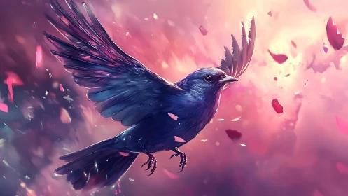 Midair bluebird ballet through swirling sunset petals.