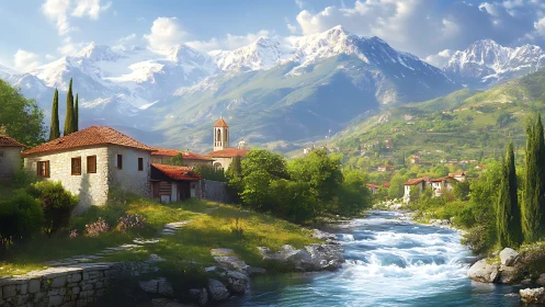 Sunlit riverside village rests beneath majestic alpine peaks