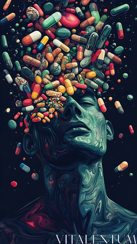 Digital painting of pill-saturated human head in surreal flux.