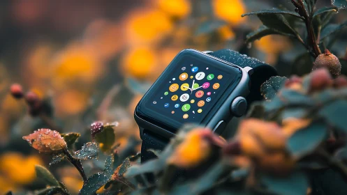 Smartwatch display embedded in dew-laced autumn foliage matrix.
