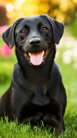 Joyful black Labrador portrait under glowing garden light.