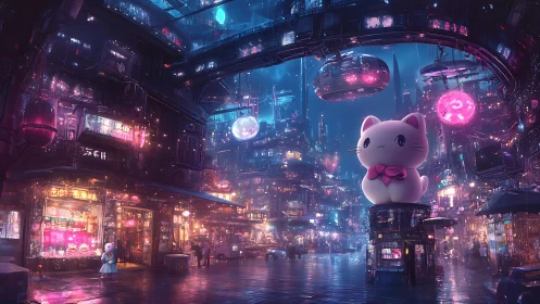 Neon cyberpunk street with oversized Maneki-neko hologram centerpiece