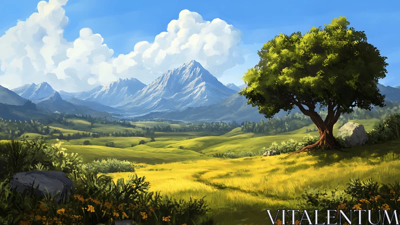 Sunlit valley meadow rests beneath towering blue mountains